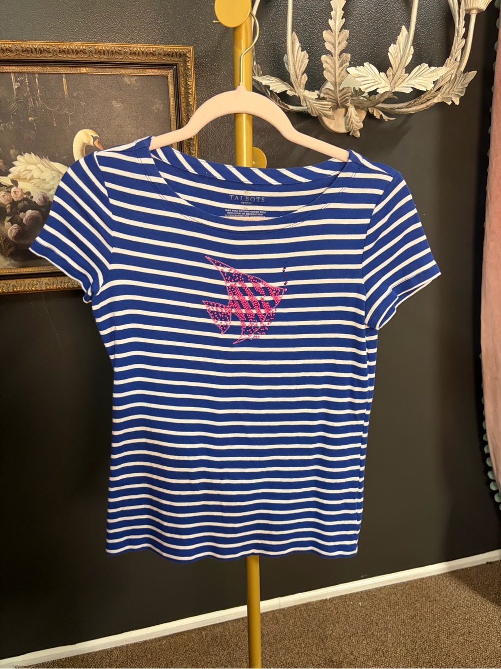 Talbots Royal Blue & White Striped Short Sleeve Tee with Pink Fish Accent